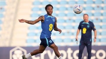 DOHA, QATAR - DECEMBER 01: Raheem Sterling of England shoots during a training session at Al Wakrah Stadium on December 01, 2022 in Doha, Qatar. (Photo by Eddie Keogh - The FA/The FA via Getty Images)