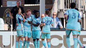 Aug 25, 2024; Philadelphia, Pennsylvania, USA; Colorado Rapids midfielder Oliver Larraz (18) celebrates with teammates after scoring a goal against the Philadelphia Union during the second half of the Leagues Cup third place match at Subaru Park. Mandatory Credit: Caean Couto-USA TODAY Sports