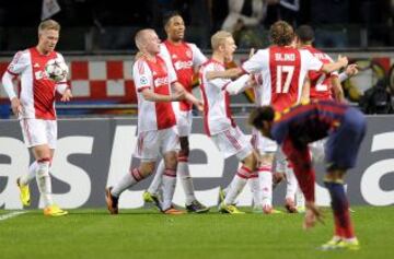 Los jugadores del Ajax celebrando el primer gol durante el partido de Champions League entre el Ajax y el FC Barcelona en el estadio Amsterdam Arena