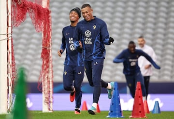 Kylian Mbappé in training with France ahead of Tuesday's friendly against Scotland.