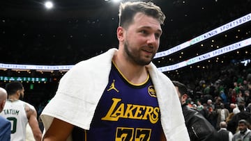 Mar 8, 2025; Boston, Massachusetts, USA; Los Angeles Lakers guard Luka Doncic (77) walks off of the court after a game against the Boston Celtics at the TD Garden. Mandatory Credit: Brian Fluharty-Imagn Images