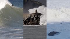 Ruben Vitoria, un rompeolas e Indar Unanue entre las olas gigantes del hurac&aacute;n Mart&iacute;n convertido en sistema post tropical en Roka Puta (entre Getaria y Zumaia, Pa&iacute;s Vasco, Espa&ntilde;a), el 6-7 de noviembre del 2022. 