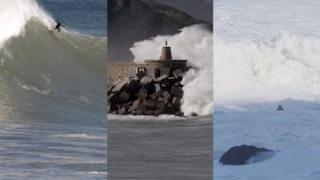 Ruben Vitoria, un rompeolas e Indar Unanue entre las olas gigantes del hurac&aacute;n Mart&iacute;n convertido en sistema post tropical en Roka Puta (entre Getaria y Zumaia, Pa&iacute;s Vasco, Espa&ntilde;a), el 6-7 de noviembre del 2022. 