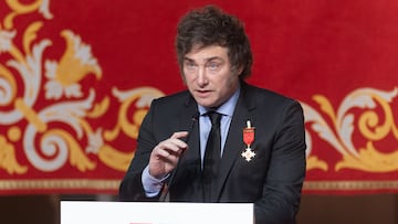 El presidente de la República Argentina, Javier Milei, interviene en la Real Casa de Correos, a 21 de junio de 2024, en Madrid (España). Ayuso concede hoy a Milei la Medalla Internacional de la Comunidad de Madrid. Este encuentro es la única cita oficial del mandatario argentino dentro de su nueva visita a España. Después de este acto, Milei recibe un galardón de la asociación Juan de Mariana en el Real Casino de Madrid.
21 JUNIO 2024;AYUSO;PREMIO;MILEI;MEDALLA INTERNACIONAL;MADRID;ARGENTINA;
Eduardo Parra / Europa Press
21/06/2024