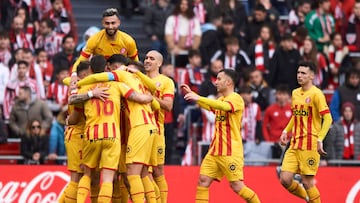 Aleix Garcia of Girona FC celebrates with his teammates after scoring goal during the La Liga match between Athletic Club and Girona FC played at San Mames Stadium on February 26, 2023 in Bilbao, Spain. (Photo by Cesar Ortiz / Pressinphoto / Icon Sport)