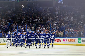 The Tampa Bay Lightning celebrate after beating the New York Rangers 