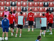 El Rayo durante el entrenamiento de ayer en el Estadio de Vallecas.