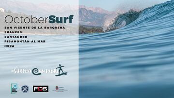 Cartel del evento OctoberSurf que se delebrará en Cantabria y que muestra una ola con las montañas al fondo; así como los organizadores principales de estas actividades de surf.
