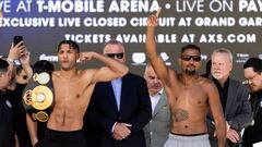 Las Vegas (United States), 21/04/2023.- David Morrell of the US (L) and Yamaguchi Falcao of Brazil react on stage following their weigh-in prior to their WBA "regular" super middleweight title fight, at the T-Mobile Arena, in Las Vegas, Nevada, USA, 21 April 2023. The fight is schedule on 22 April at the T-Mobile Arena in Las Vegas. (Brasil, Estados Unidos) EFE/EPA/ETIENNE LAURENT
