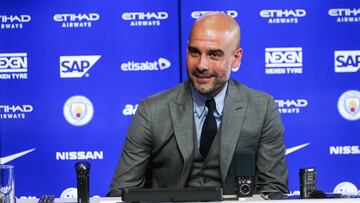 MANCHESTER, ENGLAND - JULY 08: Manchester City&#039;s manager Pep Guardiola attends a press conference at Etihad Stadium on July 8, 2016 in Manchester, England. (Photo by Barrington Coombs/Getty Images)