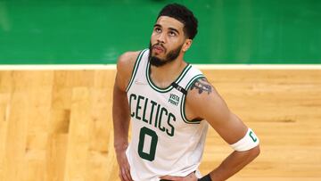 Jayson Tatum #0 of the Boston Celtics reacts against the Golden State Warriors during the fourth quarter in Game Six of the 2022 NBA Finals at TD Garden on June 16, 2022 in Boston, Massachusetts.