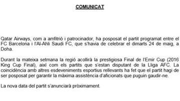 Se suspende el amistoso del Barcelona del 24-M en Qatar