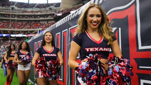 Aug 16, 2025; Houston, Texas, USA; The Houston Texans Cheerleaders change positions as the Texans play against the Carolina Panthers in the second half at NRG Stadium. Mandatory Credit: Thomas Shea-Imagn Images