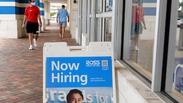 A Now Hiring near the entrance to a Ross department store on September 21, 2021 in Hallandale, Florida. 