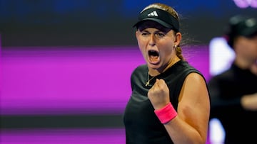 Latvia's Jelena Ostapenko reacts after a point against Poland�s Iga Swiatek during their 2025 WTA Qatar Open semi-final tennis match at the Khalifa International Tennis Complex in Doha on February 14, 2025. (Photo by KARIM JAAFAR / AFP)