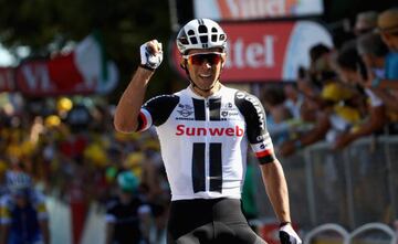 Michael Matthews of Australia riding for Team Sunweb celebrates crossing the finish line and winning the stage during stage 14 of the Le Tour de France 2017, a 181km stage from Blagnac to Rodez on July 15, 2017 in Rodez, France.