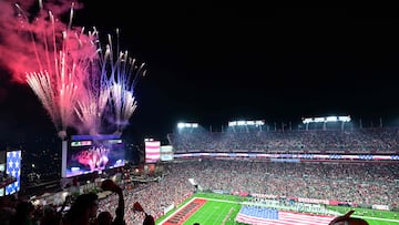 TAMPA, FLORIDA - JANUARY 15: Fans cheer as fireworks explode during the the national anthem prior to the NFC Wild Card Playoffs at Raymond James Stadium on January 15, 2024 in Tampa, Florida.   Julio Aguilar/Getty Images/AFP (Photo by Julio Aguilar / GETTY IMAGES NORTH AMERICA / Getty Images via AFP)