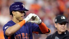 HOUSTON, TEXAS - NOVEMBER 05: Jeremy Pena #3 of the Houston Astros reacts after hitting a single against the Philadelphia Phillies during the fourth inning in Game Six of the 2022 World Series at Minute Maid Park on November 05, 2022 in Houston, Texas.   Carmen Mandato/Getty Images/AFP