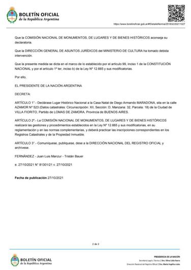 La casa natal de Maradona, Lugar Histórico Nacional