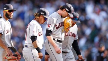 NEW YORK, NEW YORK - OCTOBER 14: Shane Bieber #57 of the Cleveland Guardians leaves the game during the sixth inning against the New York Yankees in game two of the American League Division Series at Yankee Stadium on October 14, 2022 in New York, New York. (Photo by Sarah Stier/Getty Images)