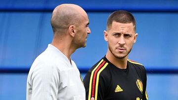 Roberto Martínez y Eden Hazard, en la concentración de la selección de Bélgica durante el Mundial de Rusia 2018.