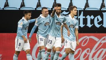 Brais Méndez celebra el primer gol del partido con Iago Aspas, Denis Suárez y Fran Beltrán.
