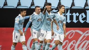 Brais M&eacute;ndez celebra el primer gol del partido con Iago Aspas, Denis Su&aacute;rez y Fran Beltr&aacute;n.