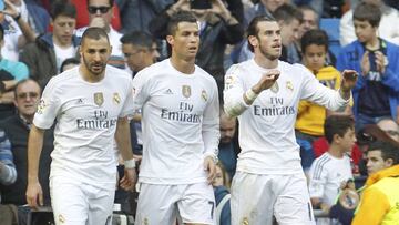 Benzema, Bale y Cristiano celebran un gol logrado esta temporada.