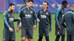 Griezmann, Su&aacute;rez y Messi, en un entrenamiento.