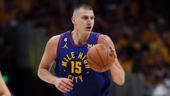 DENVER, COLORADO - JUNE 01: Nikola Jokic #15 of the Denver Nuggets dribbles the ball during the second quarter against the Miami Heat in Game One of the 2023 NBA Finals at Ball Arena on June 01, 2023 in Denver, Colorado. NOTE TO USER: User expressly acknowledges and agrees that, by downloading and or using this photograph, User is consenting to the terms and conditions of the Getty Images License Agreement.   Matthew Stockman/Getty Images/AFP (Photo by MATTHEW STOCKMAN / GETTY IMAGES NORTH AMERICA / Getty Images via AFP)