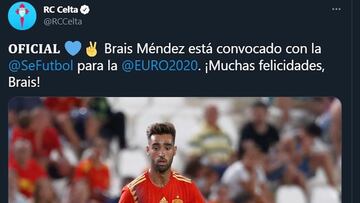 Mensaje publicado en la cuenta de Twitter del Celta y posteriormente eliminado en el que se felicita a Brais M&eacute;ndez por la convocatoria de la selecci&oacute;n espa&ntilde;ola.