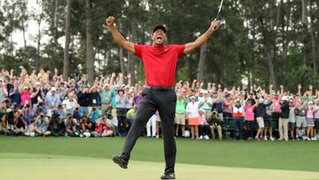 Tiger Woods celebra su victoria en el Masters de Augusta 2019.