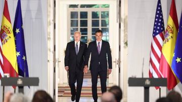 MADRID, SPAIN - JUNE 28: The President of the United States, Joe Biden (l) and the President of the Government, Pedro Sanchez (r), upon his arrival at a press conference after their meeting at La Moncloa Palace, on 28 June, 2022 in Madrid, Spain. Joe Biden has arrived early in the afternoon at the Torrejon de Ardoz air base in his Air Force One plane, to later take his presidential limousine and make all the movements during his visit to Madrid on the occasion of the NATO summit to be held on June 29 and 30. The summit coincides with the 40th anniversary of Spain's accession to the North Atlantic Treaty Organization. Biden's objective at the NATO summit is to reaffirm ''the strong bilateral relationship'' between the two countries. (Photo By EUROPA PRESS/E. Parra. POOL via Getty Images)