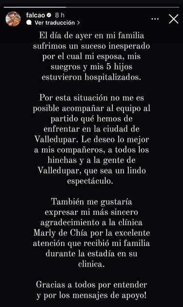 Falcao: “Mi esposa, suegros y 5 hijos estuvieron hospitalizados”