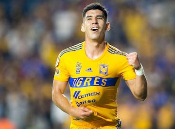 Mexico's Tigres Jesus Angulo celebrates after scoring against Honduras' Motagua during the CONCACAF Champions League football match at the Universitario stadium in Monterrey, Mexico, on April 13, 2023. (Photo by Julio Cesar AGUILAR / AFP)