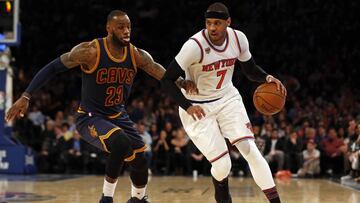 Feb 4, 2017; New York, NY, USA; New York Knicks forward Carmelo Anthony (7) drives to the basket past Cleveland Cavaliers forward LeBron James (23) during the second half at Madison Square Garden. Mandatory Credit: Adam Hunger-USA TODAY Sports