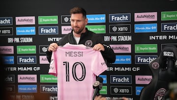 Aug 17, 2023; Ft. Lauderdale, FL, USA;  Lionel Messi of Inter Miami CF addresses the media at the DRV PNK Stadium Press Conference Room. Mandatory Credit: Jim Rassol-USA TODAY Sports