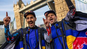 Marco Fuerst and Marco Waltenspiel of Austria are seen after their flight through Tower Bridge in London, Great Britain on May 12, 2024. // Joerg Mitter / Red Bull Content Pool // SI202405120307 // Usage for editorial use only //