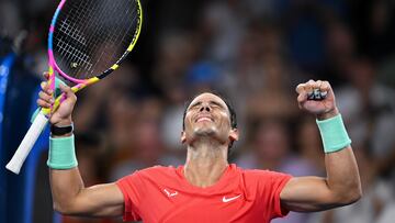 Brisbane (Australia), 04/01/2024.- Rafael Nadal of Spain celebrates winning his match against Jason Kubler of Australia at the 2024 Brisbane International in Brisbane, Australia, 04 January 2024. (Tenis, Espa?a) EFE/EPA/ZAIN MOHAMMED AUSTRALIA AND NEW ZEALAND OUT