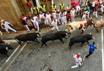 Imágenes del séptimo encierro de los Sanfermines 2022. La ganadería encargada de los toros de este séptimo encierro será la de Victoriano del Río, una de las más importantes del panorama taurino nacional.