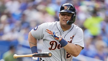 TORONTO, ON - JULY 30: Miguel Cabrera #24 of the Detroit Tigers tosses hit bat after hitting a pop fly against the Toronto Blue Jays in the second inning during their MLB game at the Rogers Centre on July 30, 2022 in Toronto, Ontario, Canada. Mark Blinch/Getty Images/AFP
== FOR NEWSPAPERS, INTERNET, TELCOS & TELEVISION USE ONLY ==