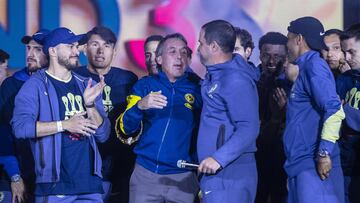 Henry Marti, Emilio Azcarraga, Andre Soares Jardine head coach during the celebration of the Team America Tri-Championship, Apertura 2023, Clausura 2024, Apertura 2024 of the BBVA MX League in the General Parking Lot of the Azteca Stadium, on January 19, 2025, Mexico City, Mexico.