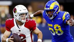 INGLEWOOD, CALIFORNIA - NOVEMBER 13: Colt McCoy #12 of the Arizona Cardinals is chased down by Justin Hollins #58 of the Los Angeles Rams in the third quarter of the game at SoFi Stadium on November 13, 2022 in Inglewood, California.   Ronald Martinez/Getty Images/AFP
