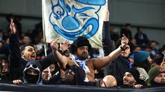 BRIGHTON, ENGLAND - DECEMBER 14: A Marseille fan gestures with his middle finger as he smokes a cigarette during the UEFA Europa League match between Brighton &amp; Hove Albion v Olympique de Marseille at American Express Community Stadium on December 14, 2023 in Brighton, England. (Photo by Charlotte Wilson/Offside/Offside via Getty Images)