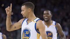 October 21, 2016; Oakland, CA, USA; Golden State Warriors guard Stephen Curry (30) and forward Kevin Durant (35) celebrate after Curry made a three-point basket during the second quarter against the Portland Trail Blazers at Oracle Arena. Mandatory Credit: Kyle Terada-USA TODAY Sports