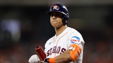 HOUSTON, TEXAS - OCTOBER 07: Jeremy Pena #3 of the Houston Astros waits to bat during the fourth inning against the Minnesota Twins during Game One of the Division Series at Minute Maid Park on October 07, 2023 in Houston, Texas.   Carmen Mandato/Getty Images/AFP (Photo by Carmen Mandato / GETTY IMAGES NORTH AMERICA / Getty Images via AFP)