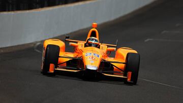 May 21, 2017; Indianapolis, IN, USA; Verizon IndyCar Series driver Fernando Alonso drives down the front straightaway during practice before qualifying for the 101st Running of the Indianapolis 500 at Indianapolis Motor Speedway. Mandatory Credit: Brian Spurlock-USA TODAY Sports