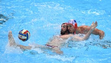SPLIT, CROATIA - AUGUST 31: Miguel De Toro Dominguez of Spain is challenged by Jesse Nispeling of Netherlands during the LEN Europan Water Polo Championships match between Netherlands and Spain at the Spaladium Arena on August 31, 2022 in Split, Croatia (Photo by Marko Lukunic/Pixsell/MB Media/Getty Images)