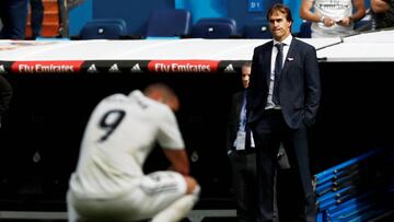 Lopetegui y Benzema se lamentan tras la derrota ante el Levante.