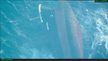 The UK-owned vessel Rubymar, which had sunk in the Red Sea after being struck by an anti-ship ballistic missile fired by Yemeni Houthi militants, is seen in this aerial view released on March 3, 2024. U.S. Central Command/Handout via REUTERS THIS IMAGE HAS BEEN SUPPLIED BY A THIRD PARTY. TEXT OVERLAY FROM SOURCE.